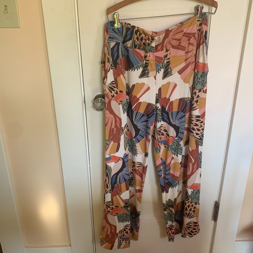 Toucan Print Wide Leg Pants Pink Multi Tropical Floral High Waist Brazil